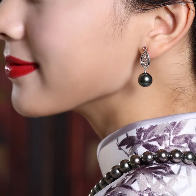 New Model 925 Silver Black Tahiti Pearl Traditional Earring