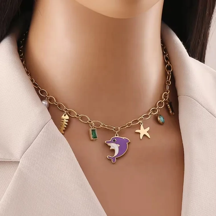 INS Summer Beach Jewelry Stainless Steel Ocean Star/Dolphin/Freshwater Pearl/Sea Turtle Pendant Clavicle Chain Necklace