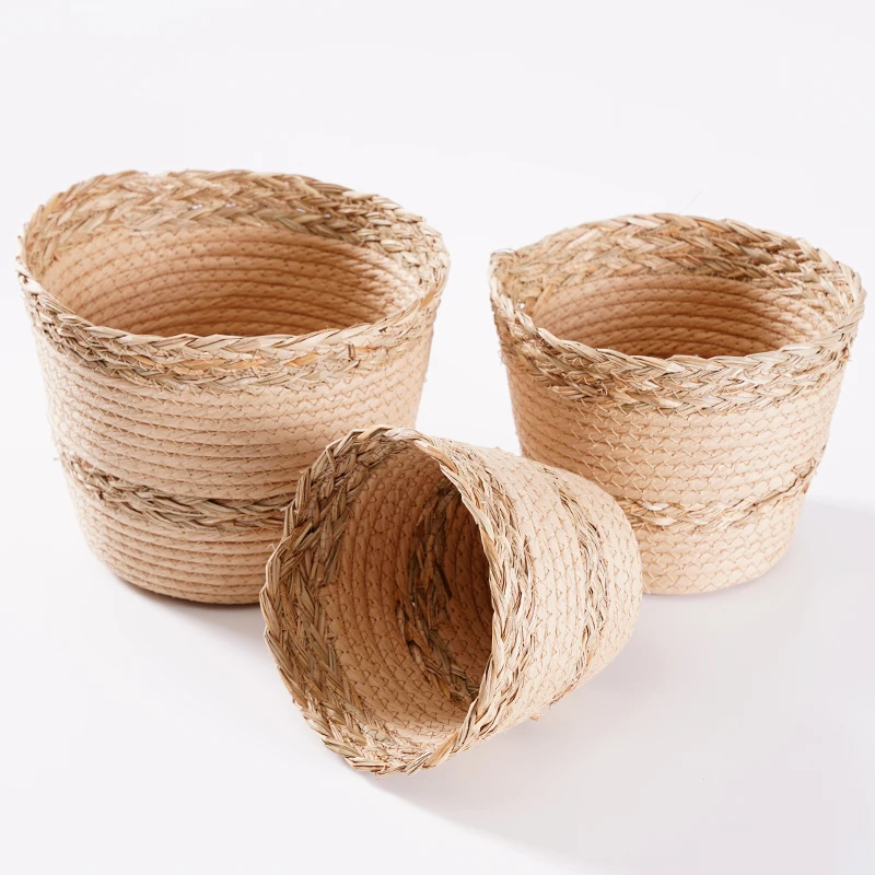 woven basket for plants Jute Spliced Seagrass Cotton Rope Plant Basket Modern Woven Storage Basket