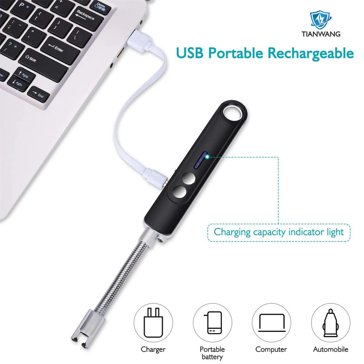 Kitchen Electric Candle Lighter Single  Arc Windproof Lighters Without Gas Rechargeable Lighter with Flashlight Igniter