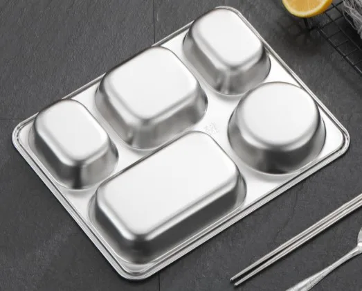 304 Stainless steel 3-6 compartment divided dinner plate fast food container lunch box tray with lid