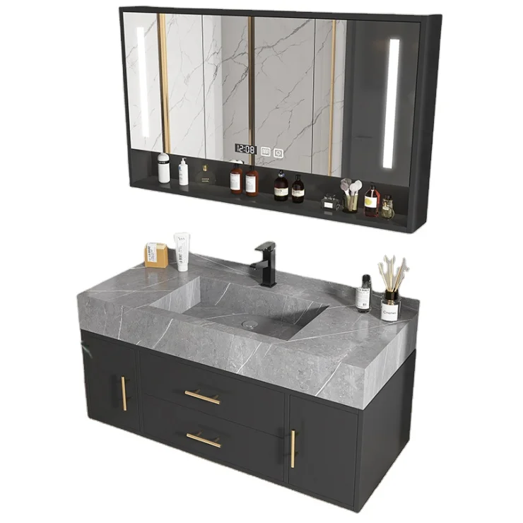 Rock and plate integrated basin vanity bathroom set solid wood bathroom cabinet sink floating combination