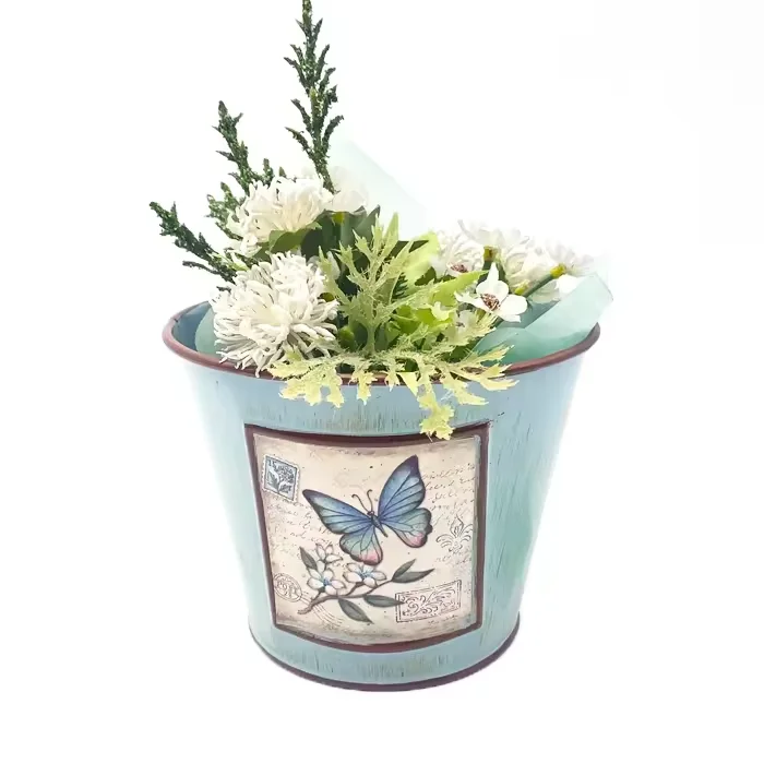 Fancy Butterfly Metal Flower arrangement Small Bucket Tabletop Pencil Utensil Holder Adorable  Blue Painted