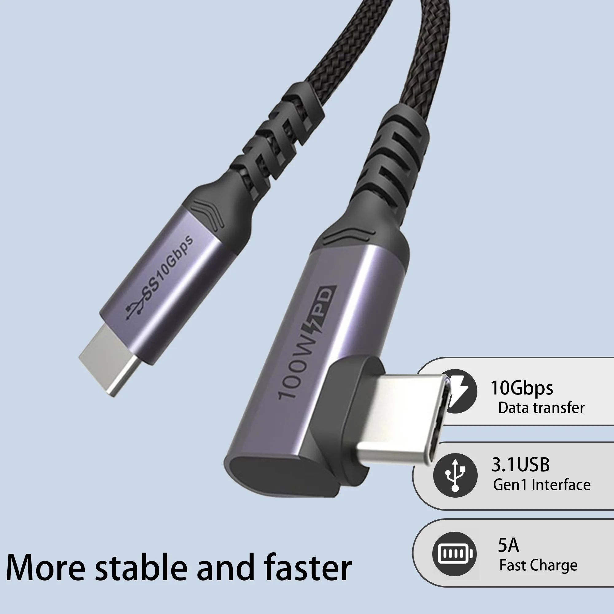 100W 90 Degree L Type Elbow Fast Charging Zinc-Alloy Usb C Data Cable Right Angle Fast Data Sync Charger Cable For Mobile Phone