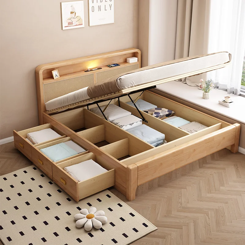 Modern Simple Rattan Bed Queen King Size Wooden Frame Rattan Bed Storage Double Solid Wood Bed for Bedroom set
