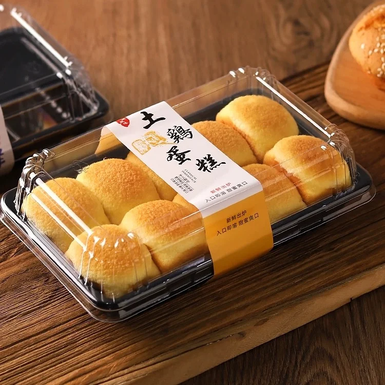 Transparent Cover with Black Bottom Rectangular Dessert Bread Blister Baking Packaging Box for Food Cake