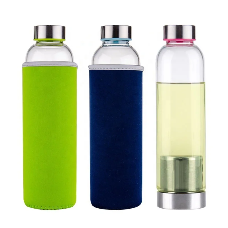 New Arrival Custom Logo Stainless Steel Lid Clear Glass Cup High Borosilicate Glass Water Bottle with sleeve