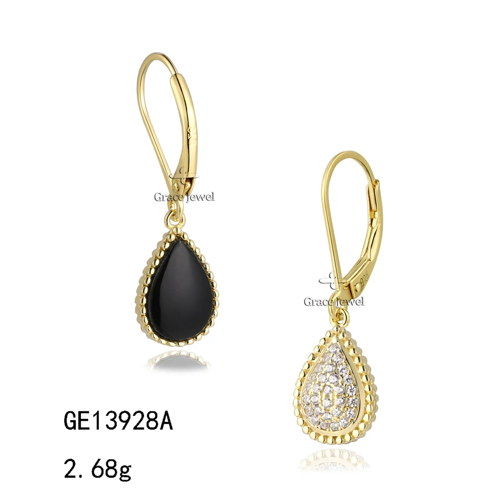 Grace Jewelry Manufacturer Supply Water Tear Drop Custom Black Agate Pendant Charm Earrings Jewelry Set