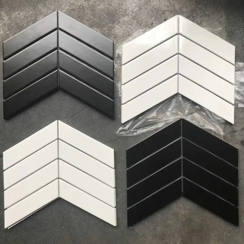 Hot Selling Black Fishbone Looking Glazed Porcelain Mosaic Tiles Glossy/Matte Finish for Interior Wall in Sheet Style