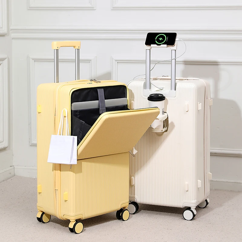 Young Fashionable Multifunctional Front Opening Suitcase Travel Bag with USB Charger and Cup Holder Luggage