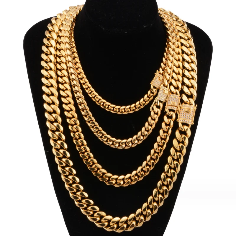 6 To 18mm Mens Miami Iced Out Cuban Link Chain Curb Necklace 18k 14k Gold Stainless Steel Cz Diamond Clasp Chain Choker Necklace