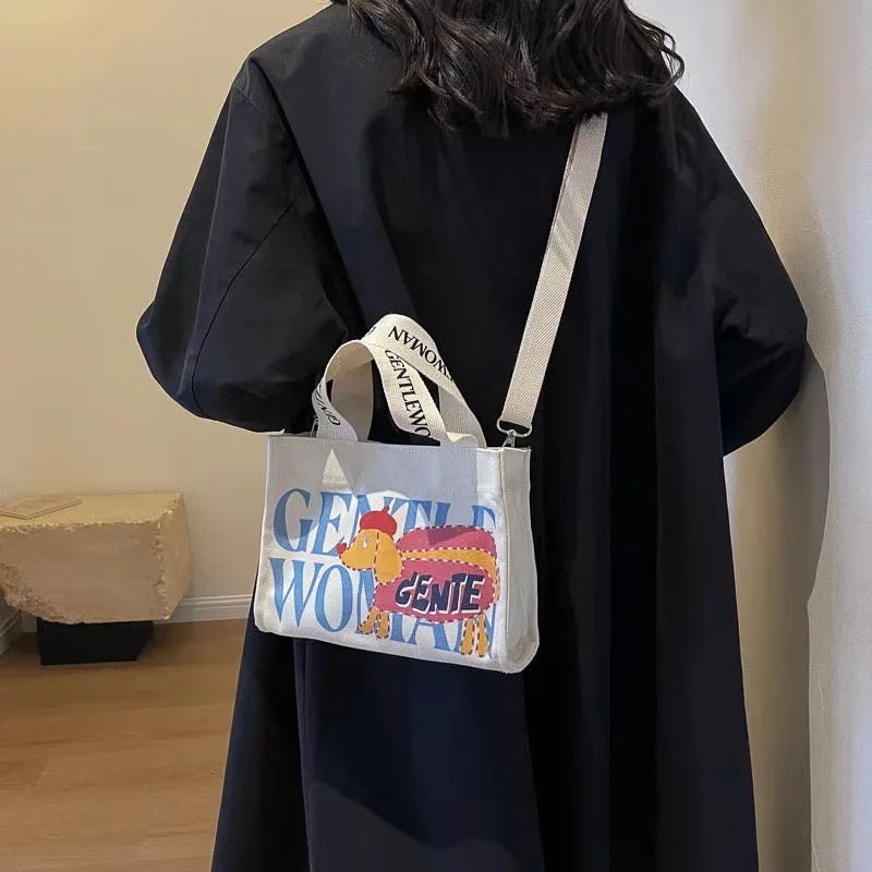Custom Logo Women Printed Wide Handle Black Cross Body Large Thick Cotton Canvas Tote Messenger Bag