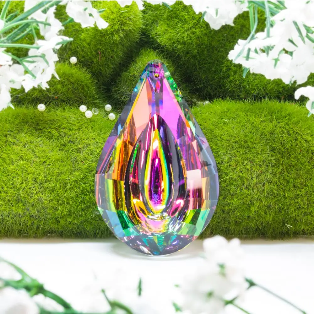 H&D Colorful Lamp Prisms Parts Loquat Shape Chandelier Glass Crystal Hanging Drops Pendants 76mm Christmas Decoration Suncatcher