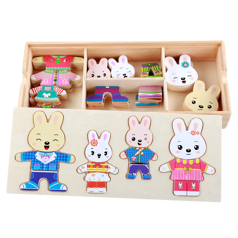 
Kids Wood bunny blocks Children early Educational Funny Toys rabbit Changing Clothes Wooden puzzle 