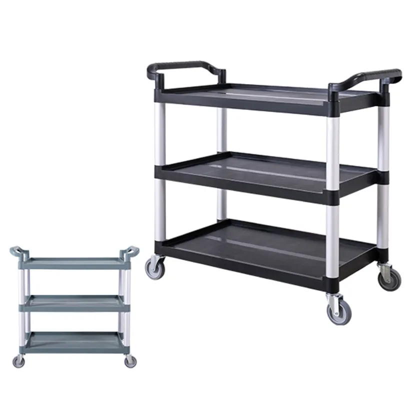 High Quality 3 Shelf Plastic Restaurant Service Cart with Aluminum Posts Utility Cart