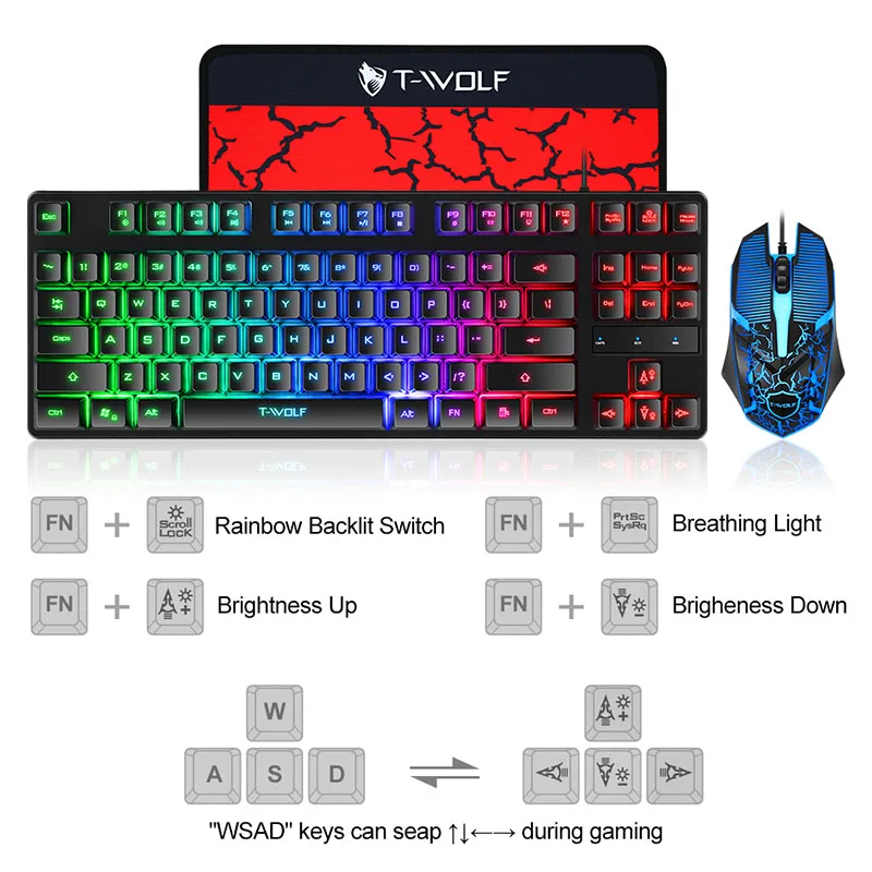 Проводная клавиатура и мышь TF260 3 в 1 с RGB-подсветкой, Игровая USB-клавиатура и мышь со светодиодной подсветкой, с большим ковриком для мыши