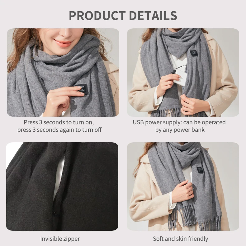 Winter Heated Scarf For Unisex Intelligent 3 Speed Temperature Control Heating Scarf Practical Lightweight USB Keep Warm Scarves