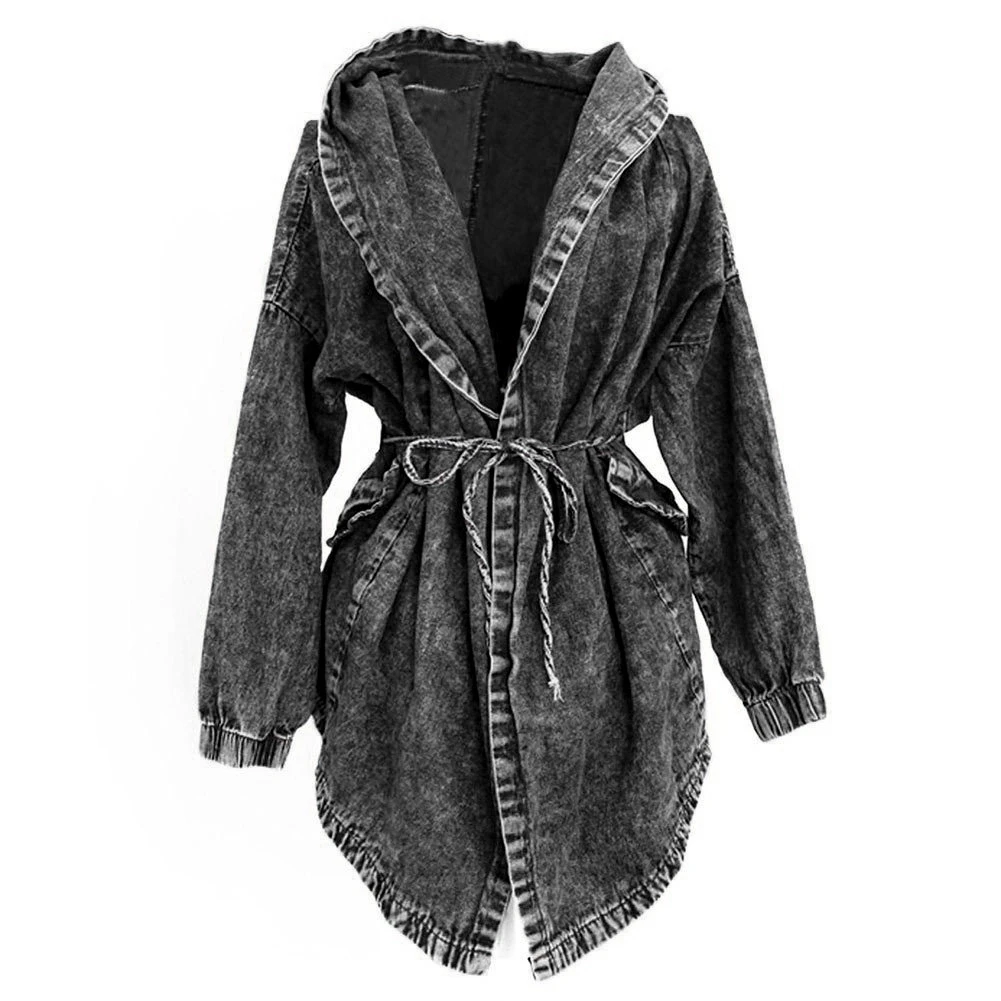 CUHAKCI Newest Style Lady Autumn Winter Loose Hooded Jean Jacket Long Sleeve Mid Length Windbreaker Coat Woman Denim Jacket