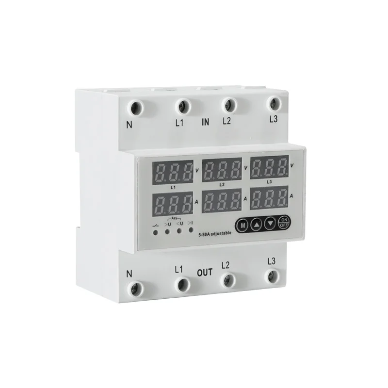 80A 3P+N Three-Phase Adjustable Voltage And Current Relay Protector Adjustable Current Limiter Protection Overcurrent Protection