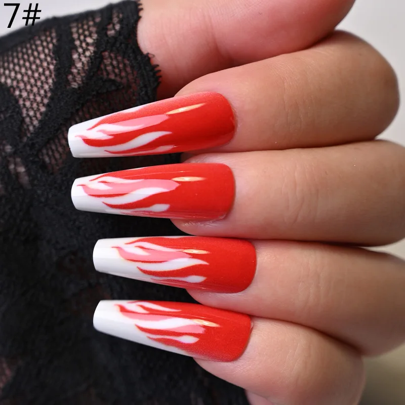 Wholesale 24pcs Long Coffin Acrylic Blue Fire Style False Nails Nail Art Luxury Artificial Fingernails Press On Nails