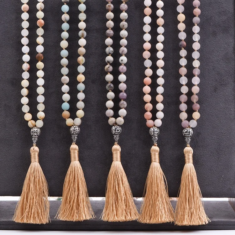 Beautiful Women 8mm Natural Frost Amazonite Beaded Necklace Gemstone Long Knotted Silk Tassel Pendant Necklace Jewelry