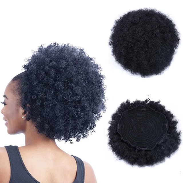 African american human hair ponytail hair extension afro puff kinky clip in 140g Divaswigs