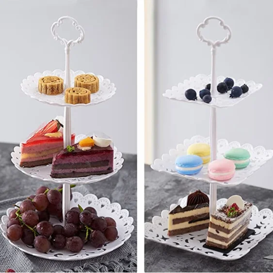 2 pieces set of 3 layers plastic cupcake holder dessert tray mini cake fruit candy display tower white small