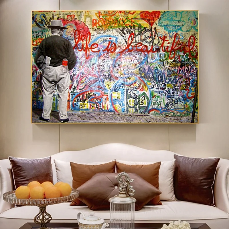 100% ручная роспись Жизнь прекрасна Улица граффити живопись маслом абстрактная