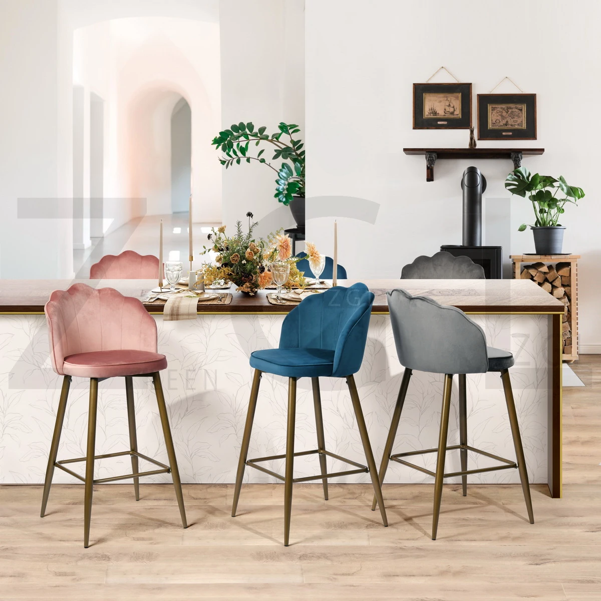 OEM 2pcs velvet barstool morden simple style Upholstery barchair economic restaurant dinning barstools support EU Dropship