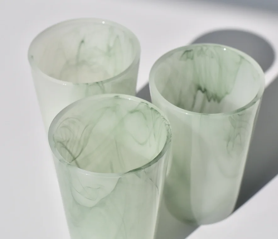 Custom Swirl Opal Colored Glass  Candle Jars empty art pattern milk water glass cup Chinese Jade colorful glasses tall tumbler