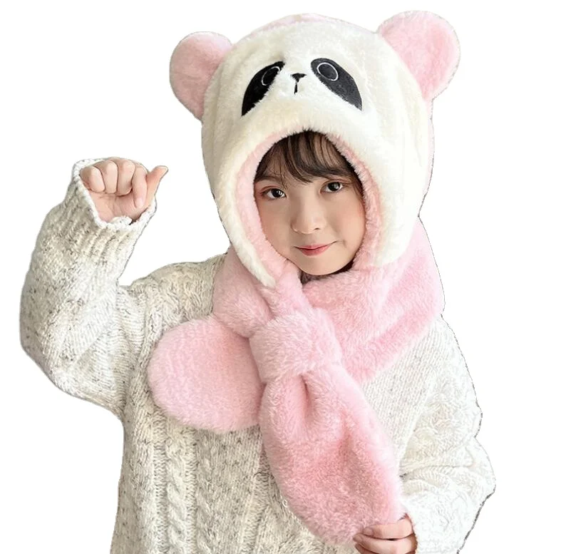 Cartoon Kawaii Girl Boy Protect Ear And Neck Hat Scarf Winter Warm Children 2 in 1 hat and scarf