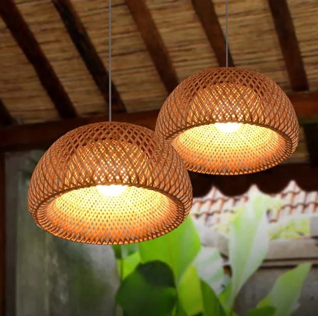 Antique Industrial Classic Bamboo Pendant Light Woven round Lampshade Hanging Wall Lamp with Celling