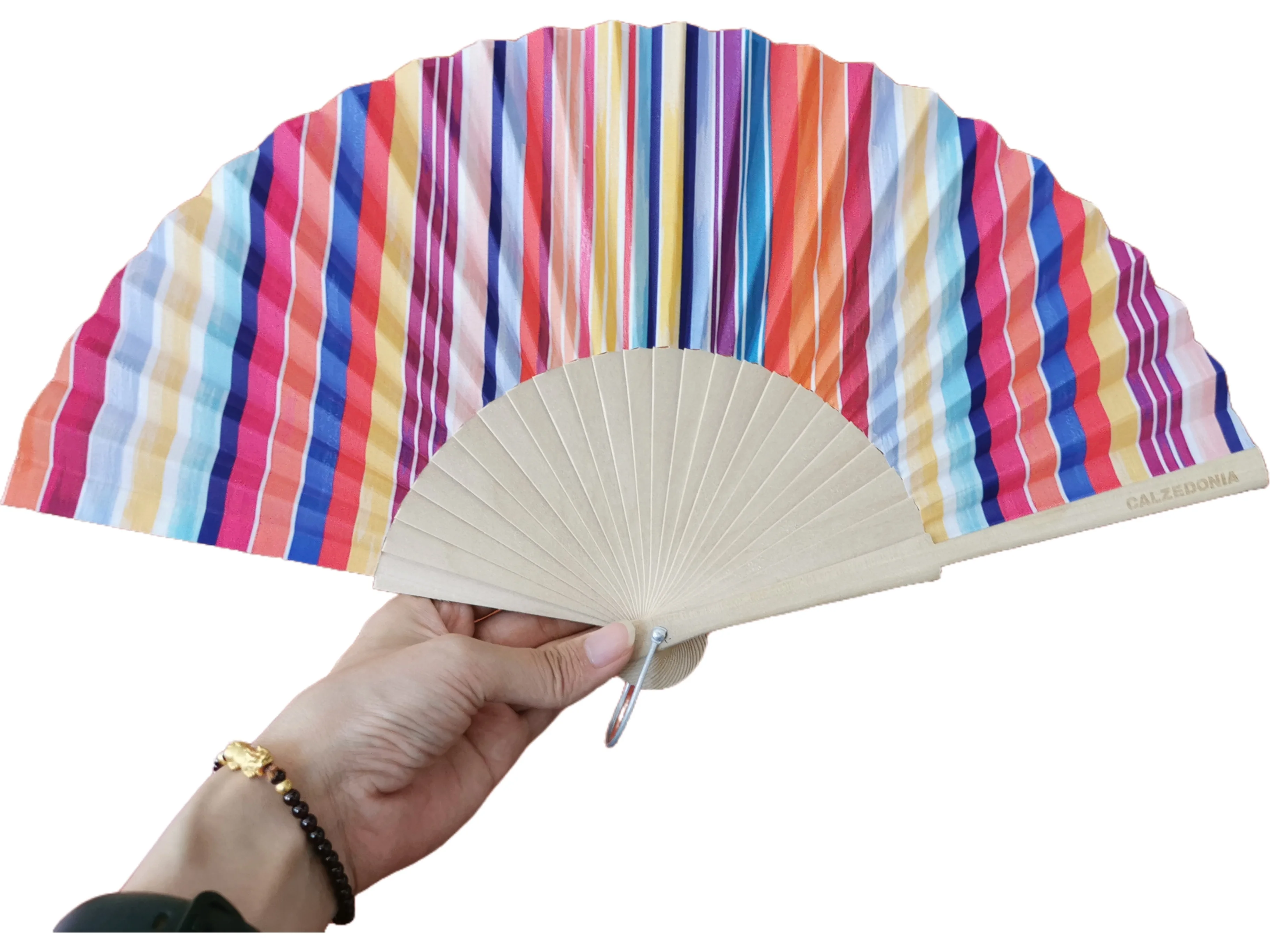 High quality wholesale 23cm original color wooden folding handheld fan fabric wood handmade fan with hook and rope