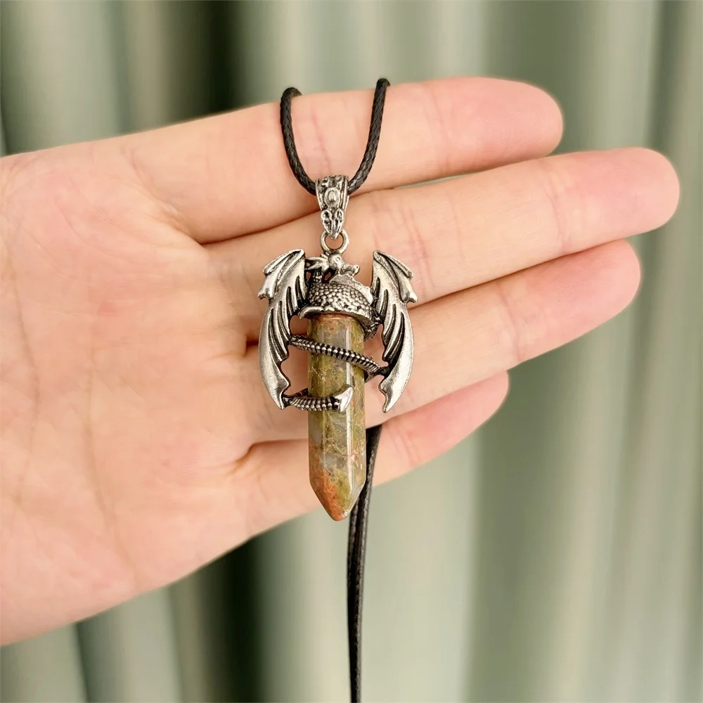 Natural amethyst powder hex prism dragon pendant men women necklaces