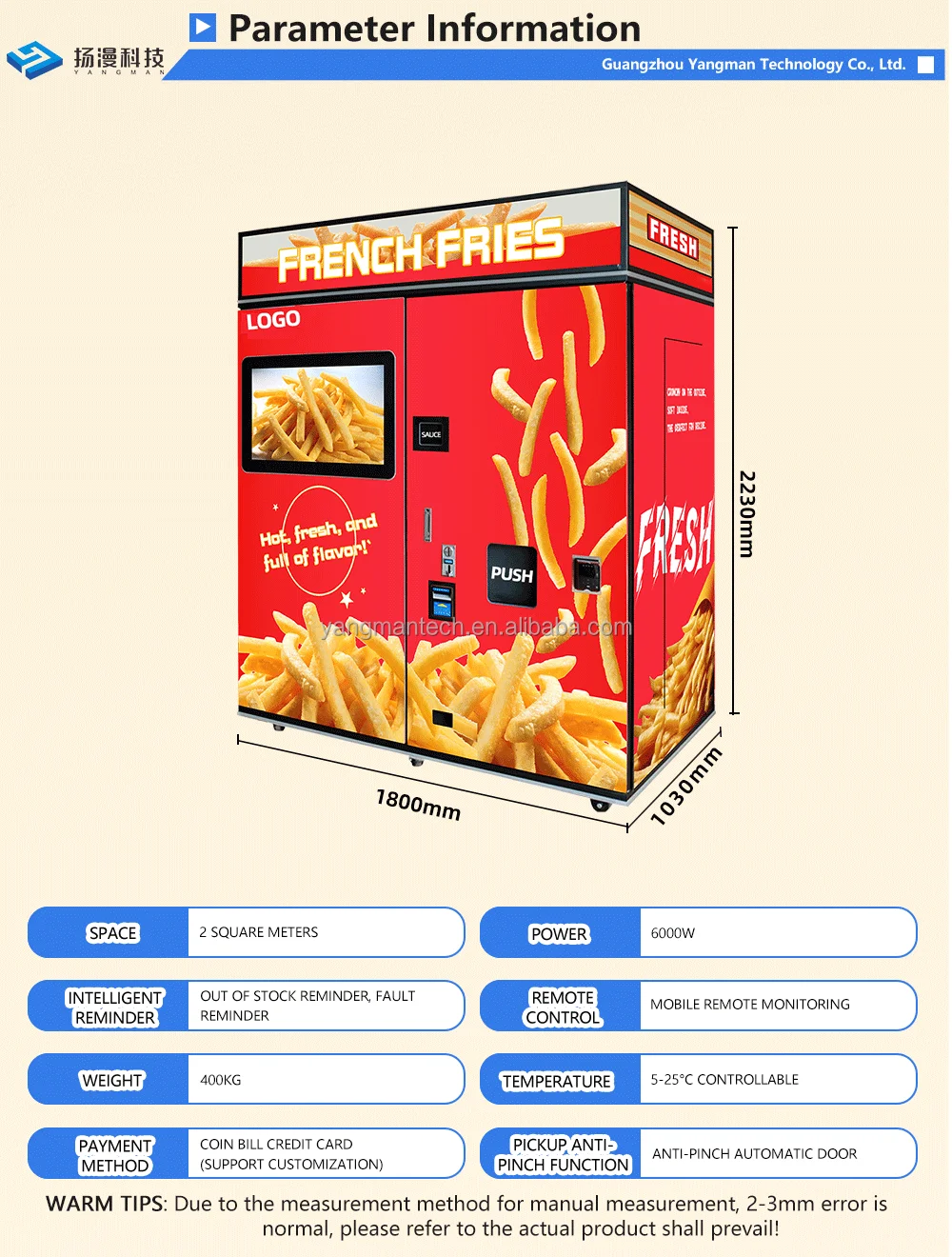 Touch Screen French Fries Vending Machine Fully Automatic Hot Food Fry Vending Machine