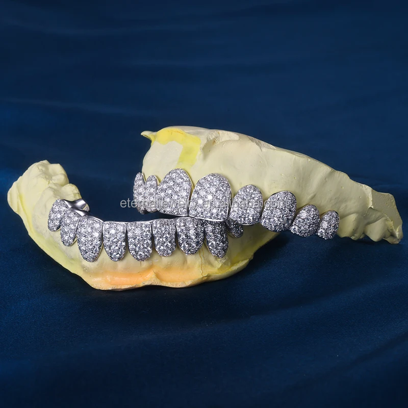 Customized Iced out Bling Top & Bottom 10 S925 Silver VVS Moissanite Diamond Grillz Solid White Gold Grillz for Teeth