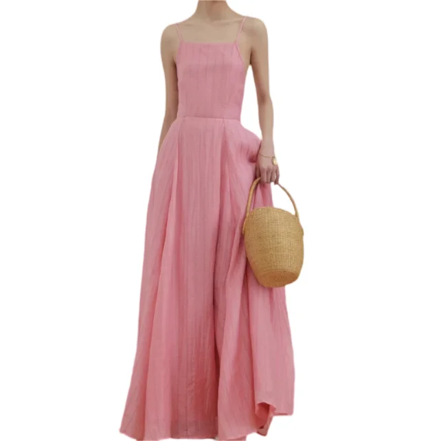 Female  Casual Back Strap Design Large Swing Type Light Peach Pink Lyocell Nylon Maxi Dresses Women High Waist Suspender Dresses