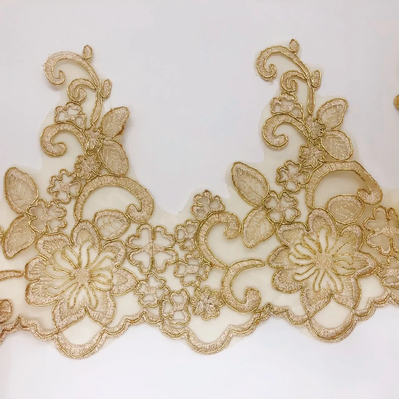 22 cm Wide Gold Metallic Thread Embroidery Tulle Mesh Polyester Guipure Cording Lace Trim