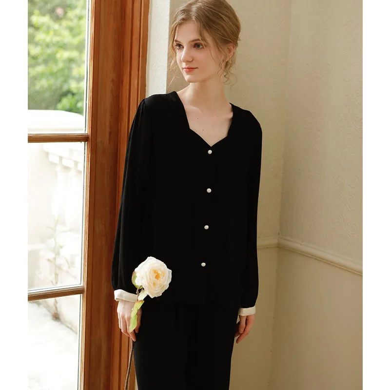 Soyal Spring Fall Satin Drill Lounge Wear Pajamas Set, Autumn Luxury Collarless Long Sleeve Women Pajamas Suit