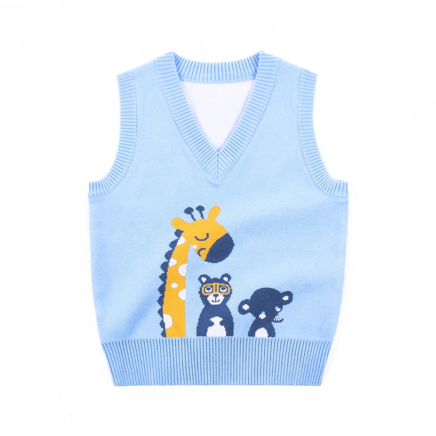 
New Spring Cool Cotton Sky Blue V Neck Pullover Sleeveless Baby Sweaters Vest With Animal Pattern 