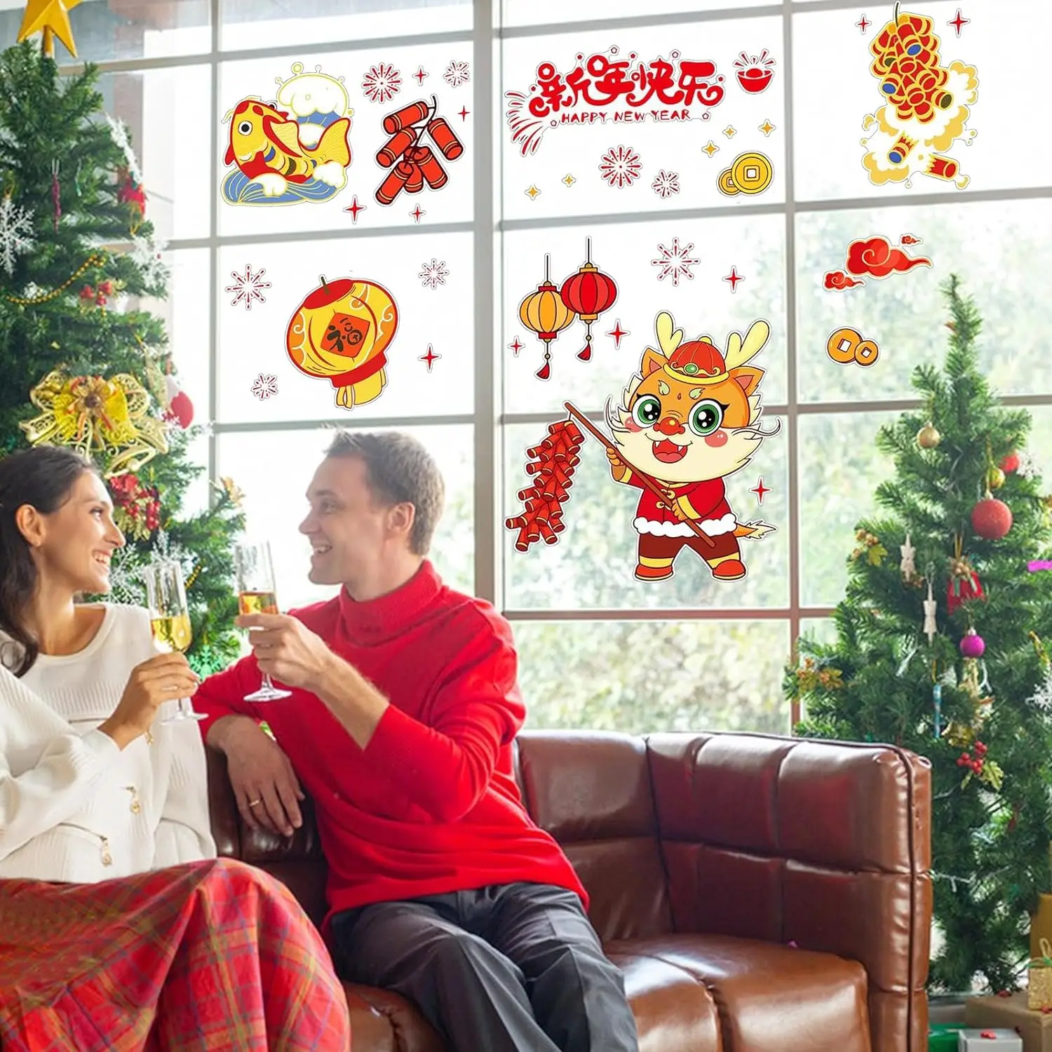 Chinese New Year Window Clings Chinese Zodiac Dragon Wall Door Stickers 2024 The Year of Dragon Fu Character Window Stickers