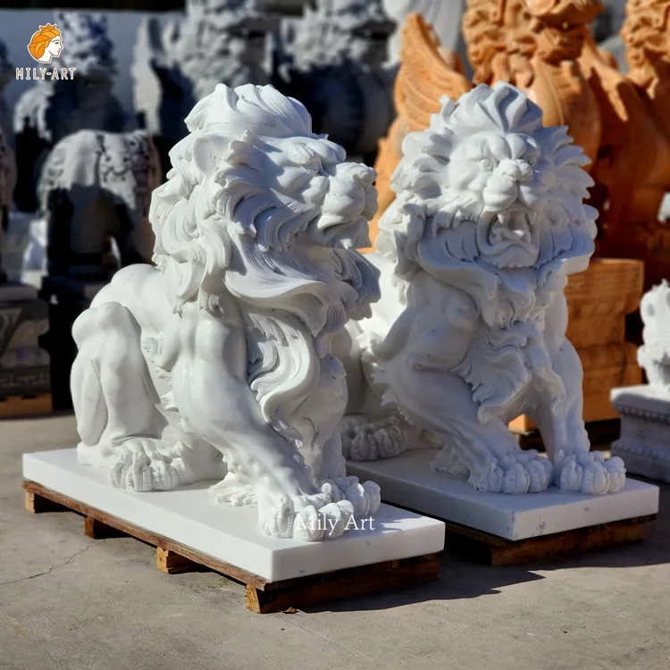 Manufactory Hot Sale Life Size Natural Marble Lion and Cherub Statue Garden Decoration