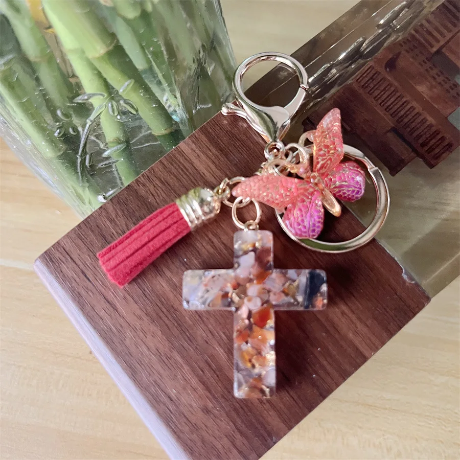 Wholesale Colorful Butterfly Glitter Resin Keychain Tassel Charms Bag Car Pendant Acrylic Butterfly Cross Key Chains