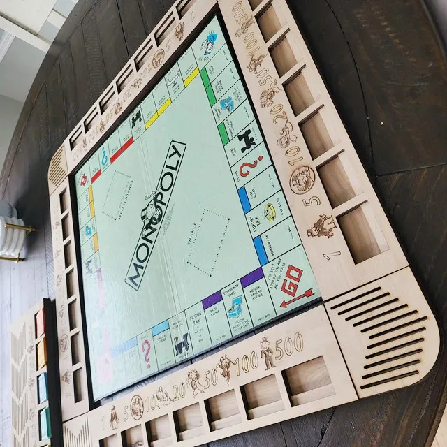 Custom Monopoly Game Organizer  laser cut engraved Monopoly Money Board Organizer wooden for gifts