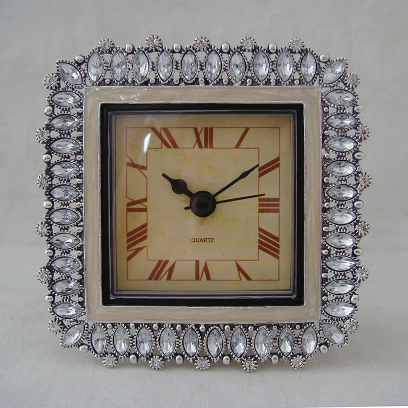 Square Silver White Bejeweled Metal Zinc Alloy Framed Desk Quartz Clock