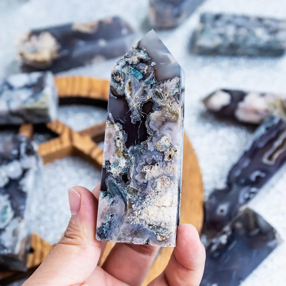 Wholesale natural crystal black flower agate point tower for healing