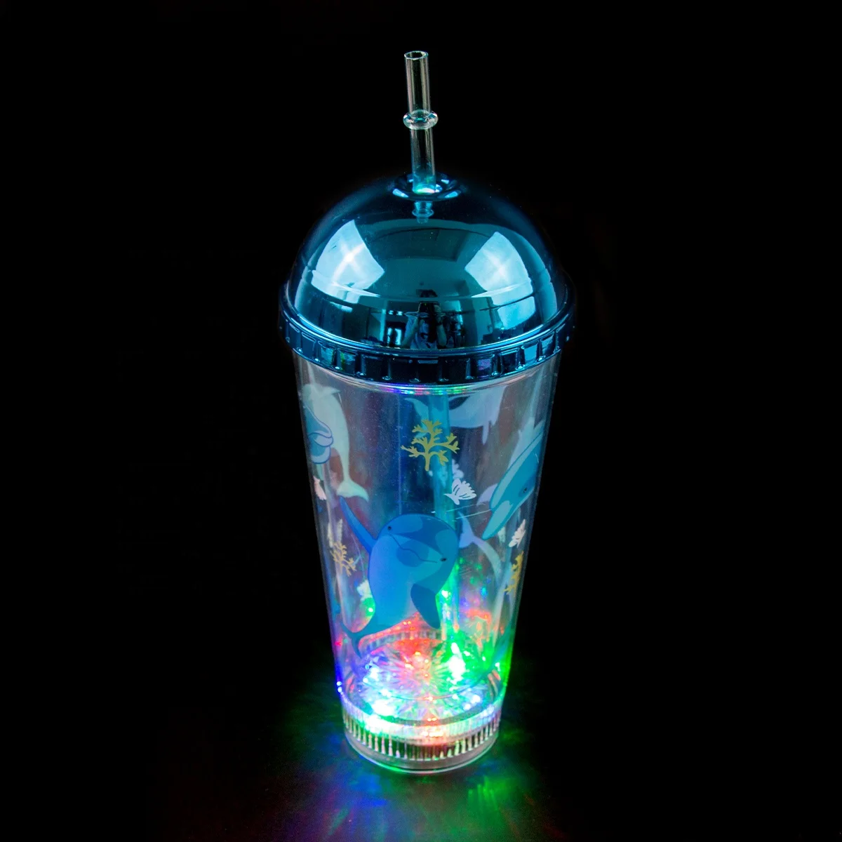 16oz Multicolor LED Double Wall Tumbler Cup Flashing Plastic Straw Cup