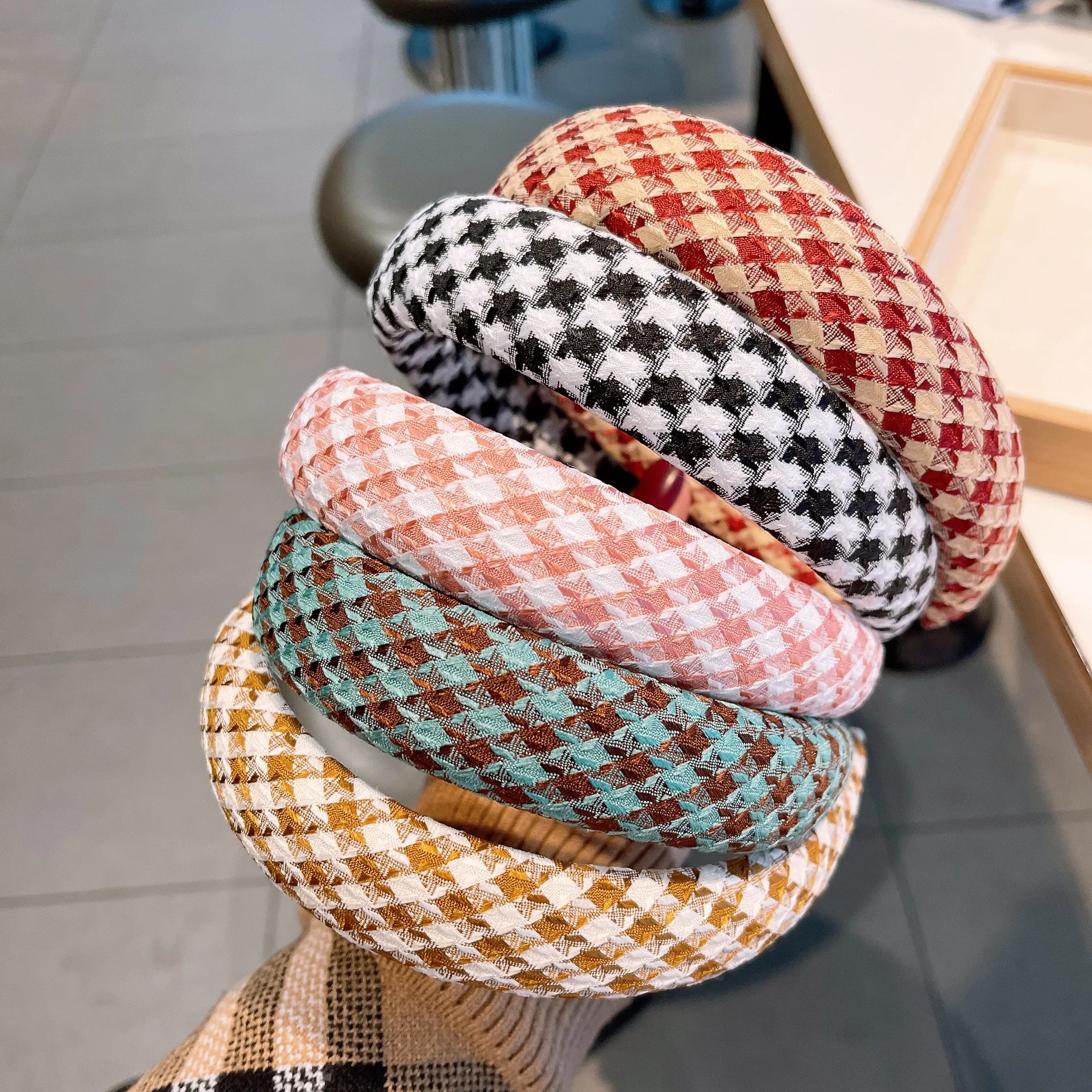 Kinling OEM Candy Color Houndstooth Sponge Hair Hoop Wide Edge Retro Style Colorful Head Hoop Headband