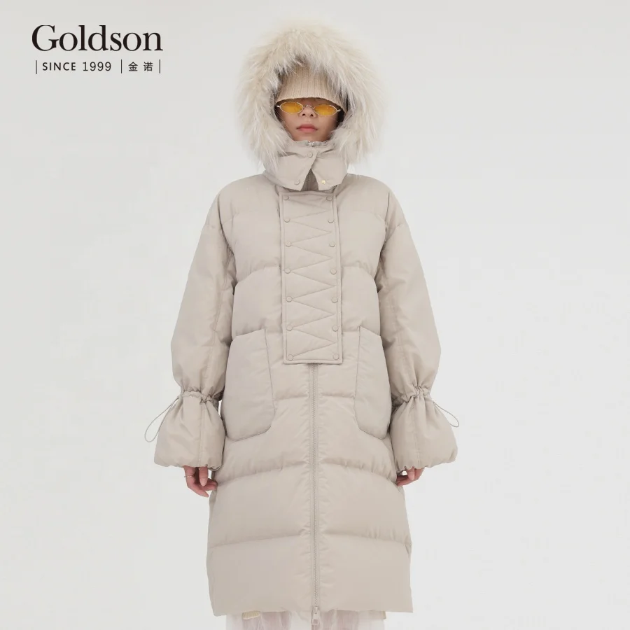 Raccoon Fur Hooded 90/10 White Duck Down Creative drawstring design Sleeve Down Jacket For Winter
