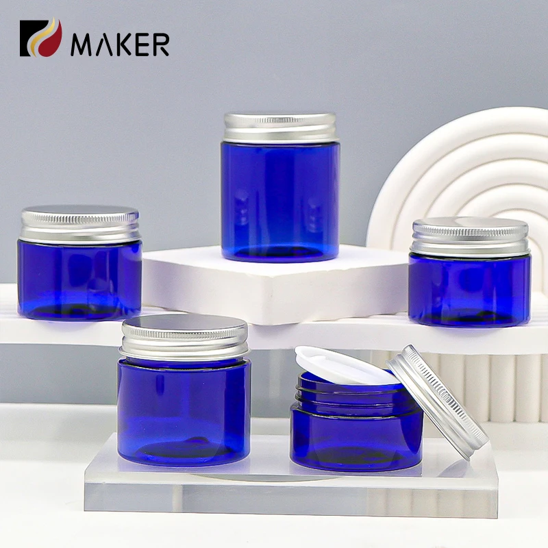 Empty PET 100ml 150ml 200ml 300ml Wide Mouth Blue Round Recycled Plastic Cosmetic Jar Box With Lid For Hair Cream Body Scrub